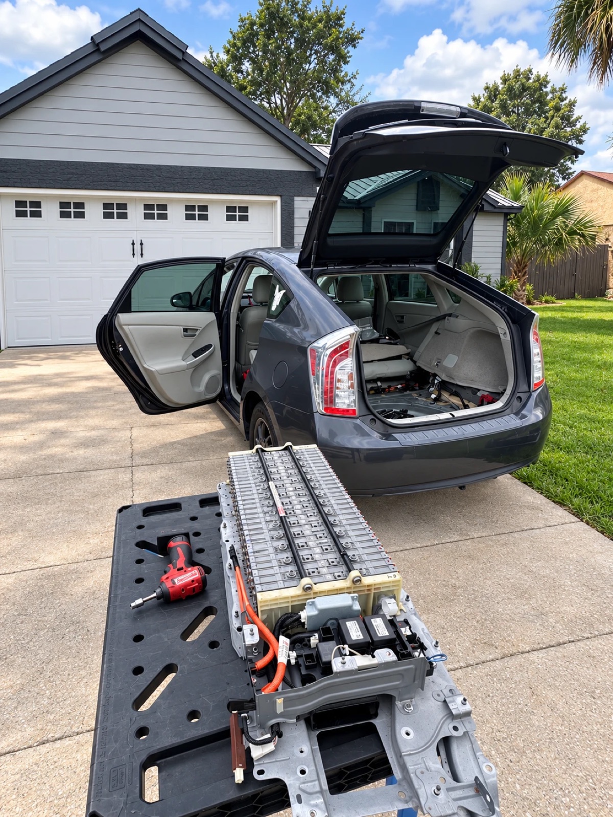 Prius battery replacement in a customer's driveway