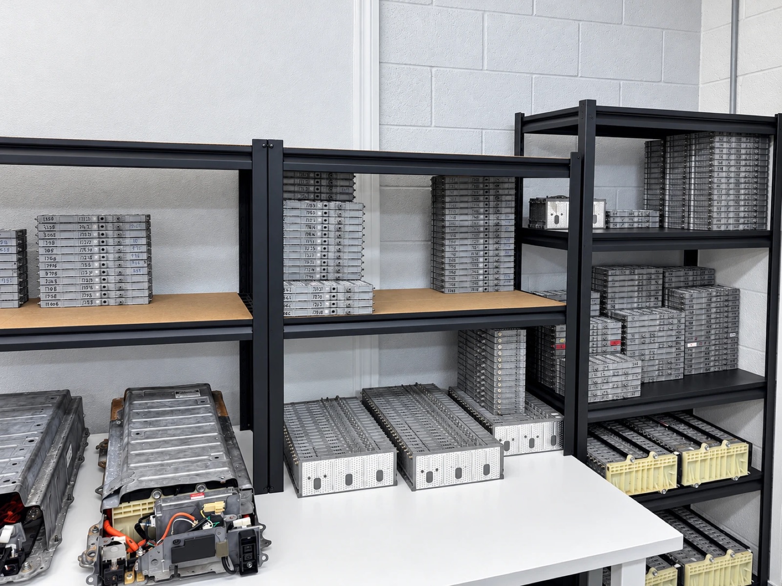 Shelves with tested hybrid battery modules